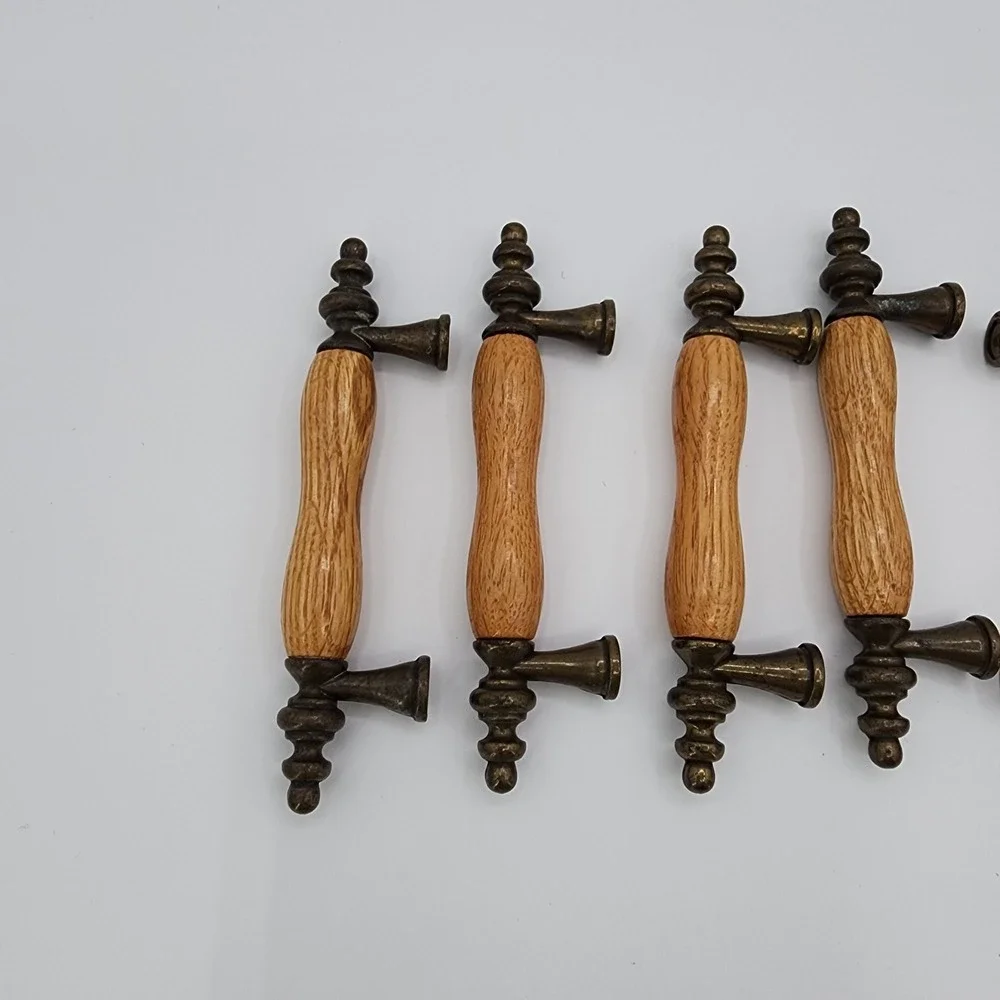 Vintage Salvaged Recycled‎ Wood & Brass Drawer Pulls Oak & Metal Cabinet Handles